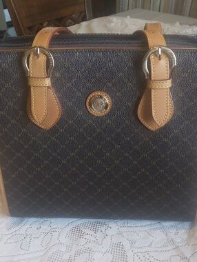 RIONI Brown Patterned Travel Satchel with Tan Leather Trim